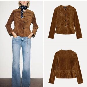 NWT ZARA 100% Suede Leather Peplum Cropped Jacket- Whiskey - Bloggers Favorite